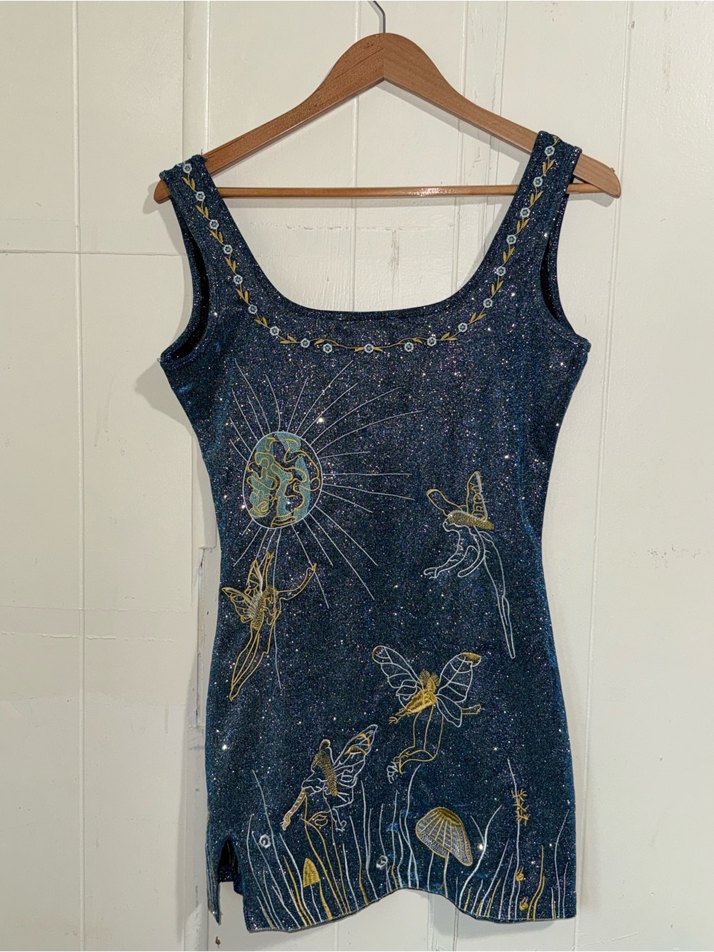 Embellished Midnight Blue Mini Dress with Sunburst and Butterfly Detail